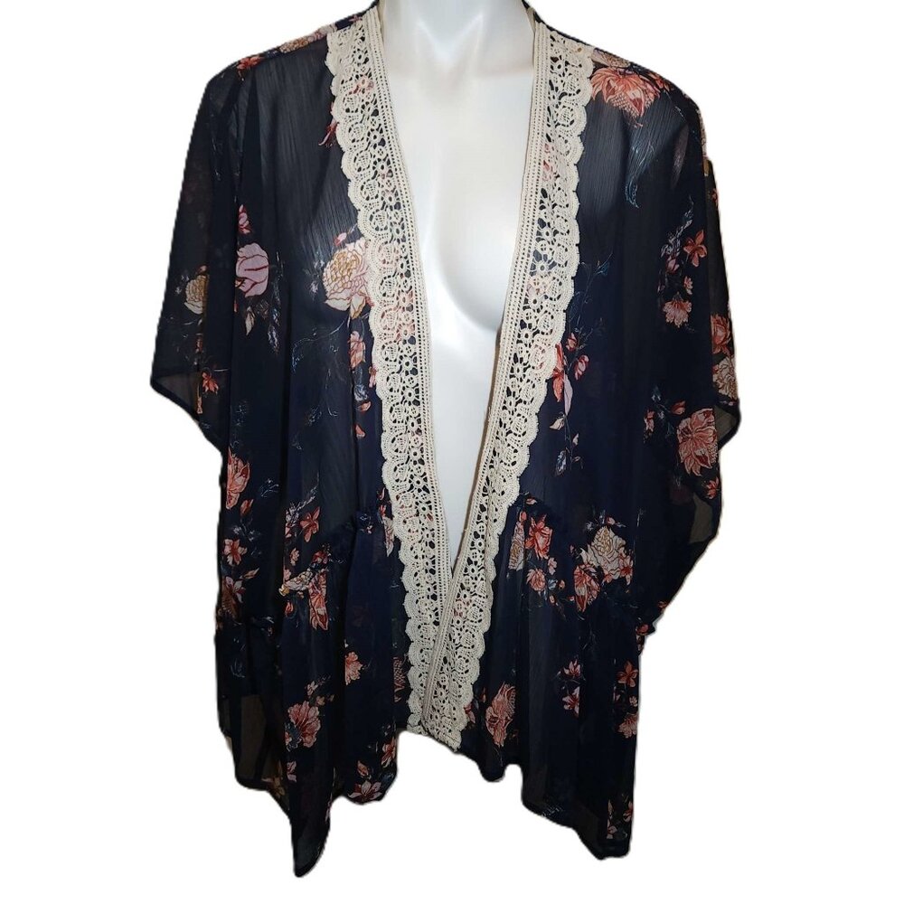 ❤️ 4/$20 Jolt sheer kimono / top Women's medium runs big Floral Dark blue lace